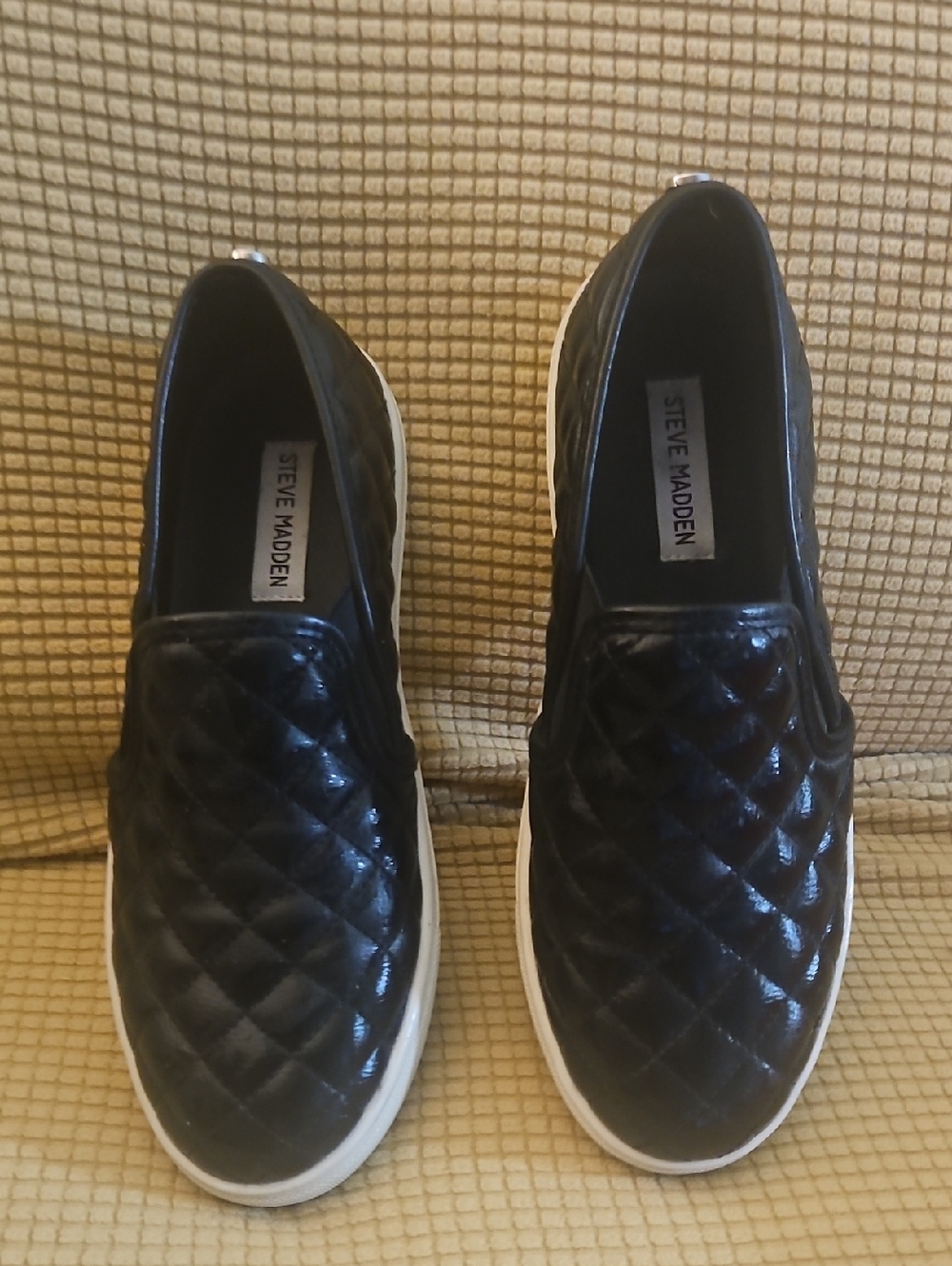Steve Madden Black Quilted Slip-On Shoes with White Sole, Size 8M